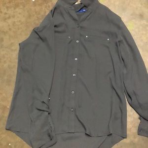 Gray button down shirt with button sleeves